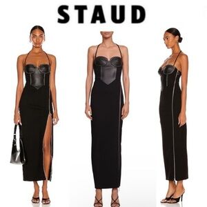 STAUD Hindley Faux Leather Halterneck Zipper Black Dress sz S NWT 275$
